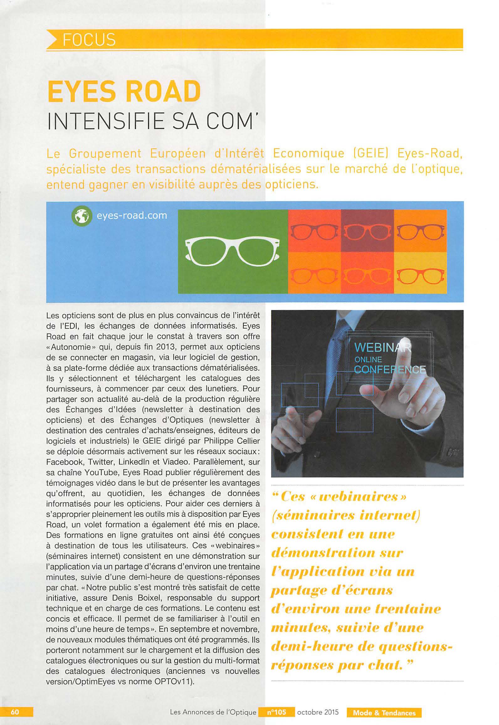 Les Annonces de l'Optique, « Eyes-Road intensifie sa com »