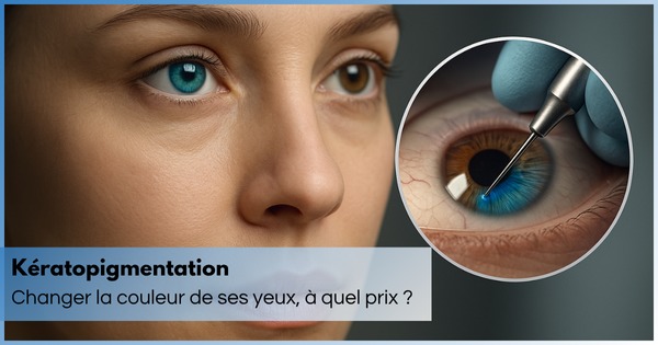 Illustration d’une intervention chirurgicale pour changer la couleur des yeux. Jeune femme avec des yeux vairons